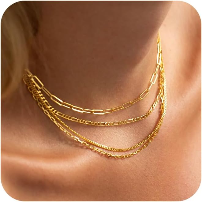 MFRYK Gold/Silver Necklaces Stack For Women,14K Gold/Sterling Silver Plated Simple Layered Choker Necklaces For Women,Stackable Multilayer Pearl Cross Disc Circle Pendant Cuban Herringbone Snake Paperclip Chain Necklaces Set Jewelry Gift for Women - Image 1
